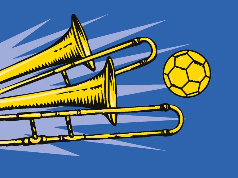 Illustration zweier gelber Posaunen vor blauem Hintergrund vor denen ein Fussball fliegt.