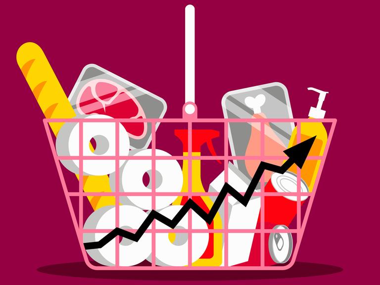Illustration: Lebensmittel in einem Einkaufskorb.
