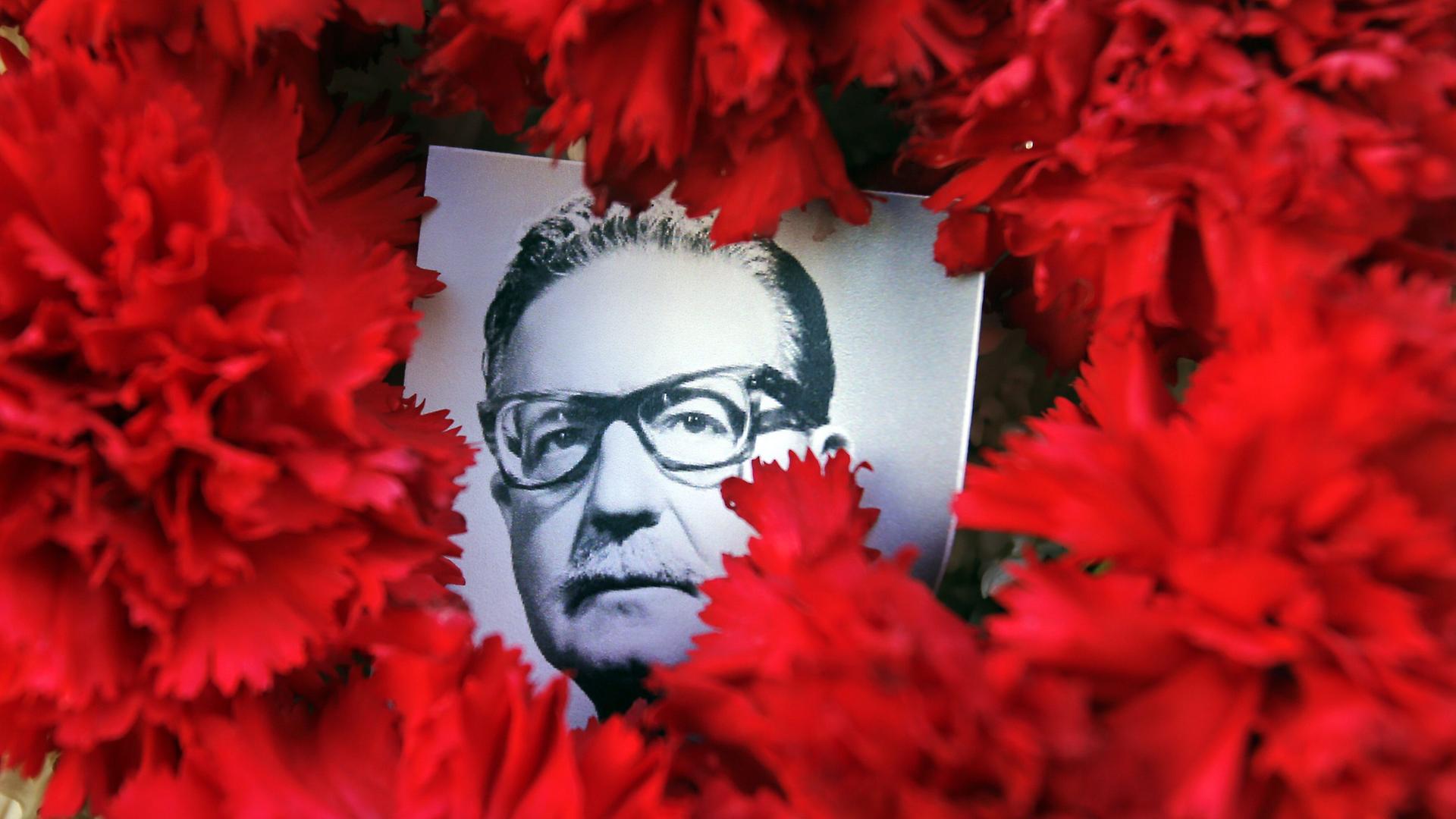 Rote Blumen umrunden ein Foto des früheren Präsidenten von Chile, Salvador Allende. 