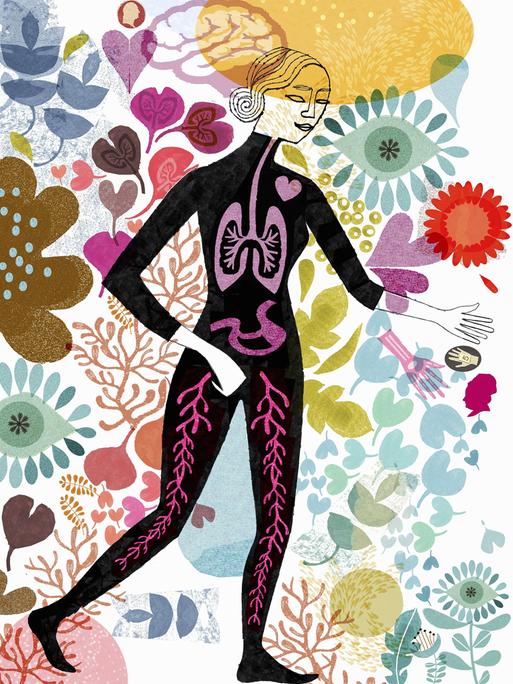 Illustration: Eine Frau mit sichtbaren inneren Organen umgeben von Blumen.