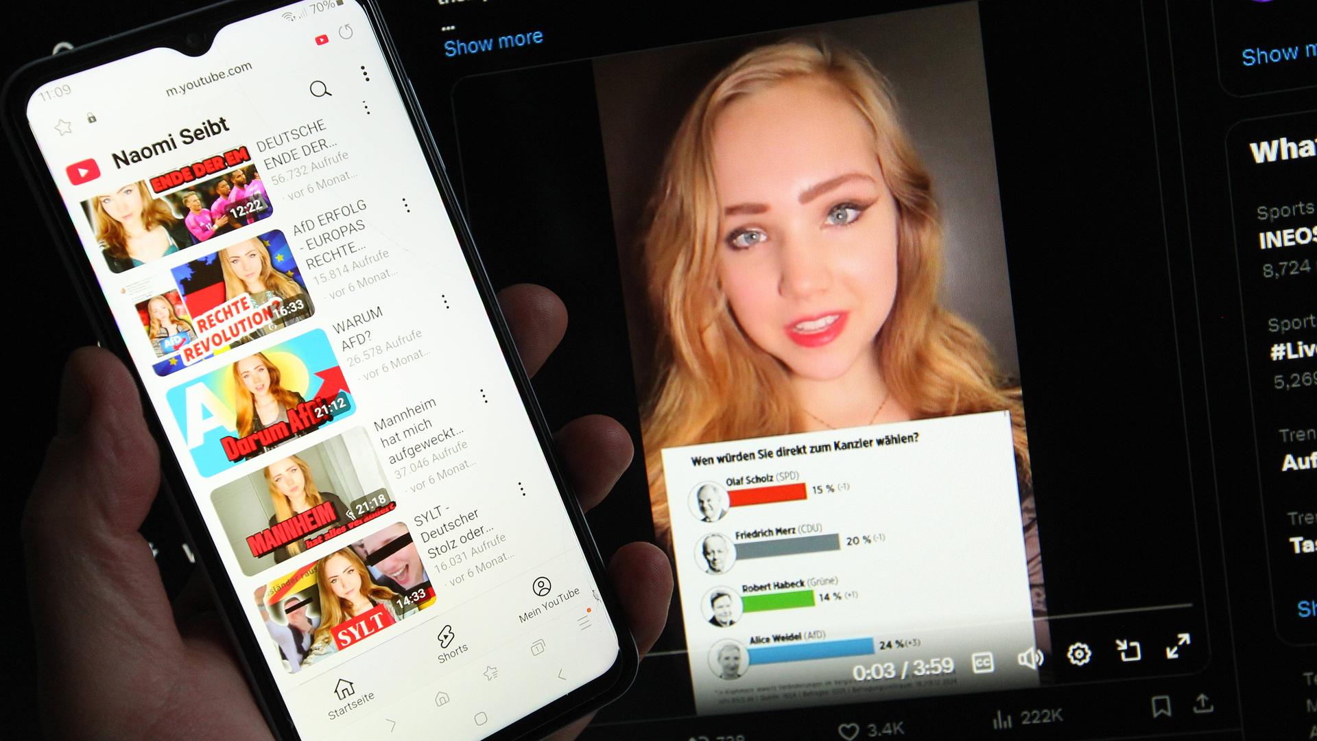 Auf einem Laptop ist der X-Account der Webvideoproduzentin Naomi Seibt geöffnet. Davor ist auf einem Smartphone der Youtube-Kanal von Seibt geöffnet.  Auf einem Laptop ist der X-Account der Webvideoproduzentin Naomi Seibt geöffnet. Davor ist auf einem Smartphone der Youtube-Kanal von Seibt geöffnet.