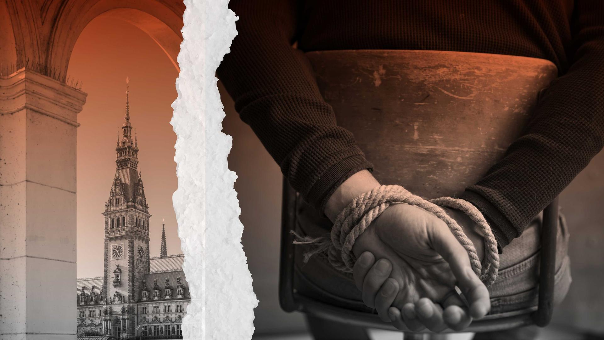Zwei Bilder, geteilt durch einen Riss: Links Hamburg, rot eingefärbt, rechts gefesselte Hände einer auf einem Stuhl sitzenden Person.