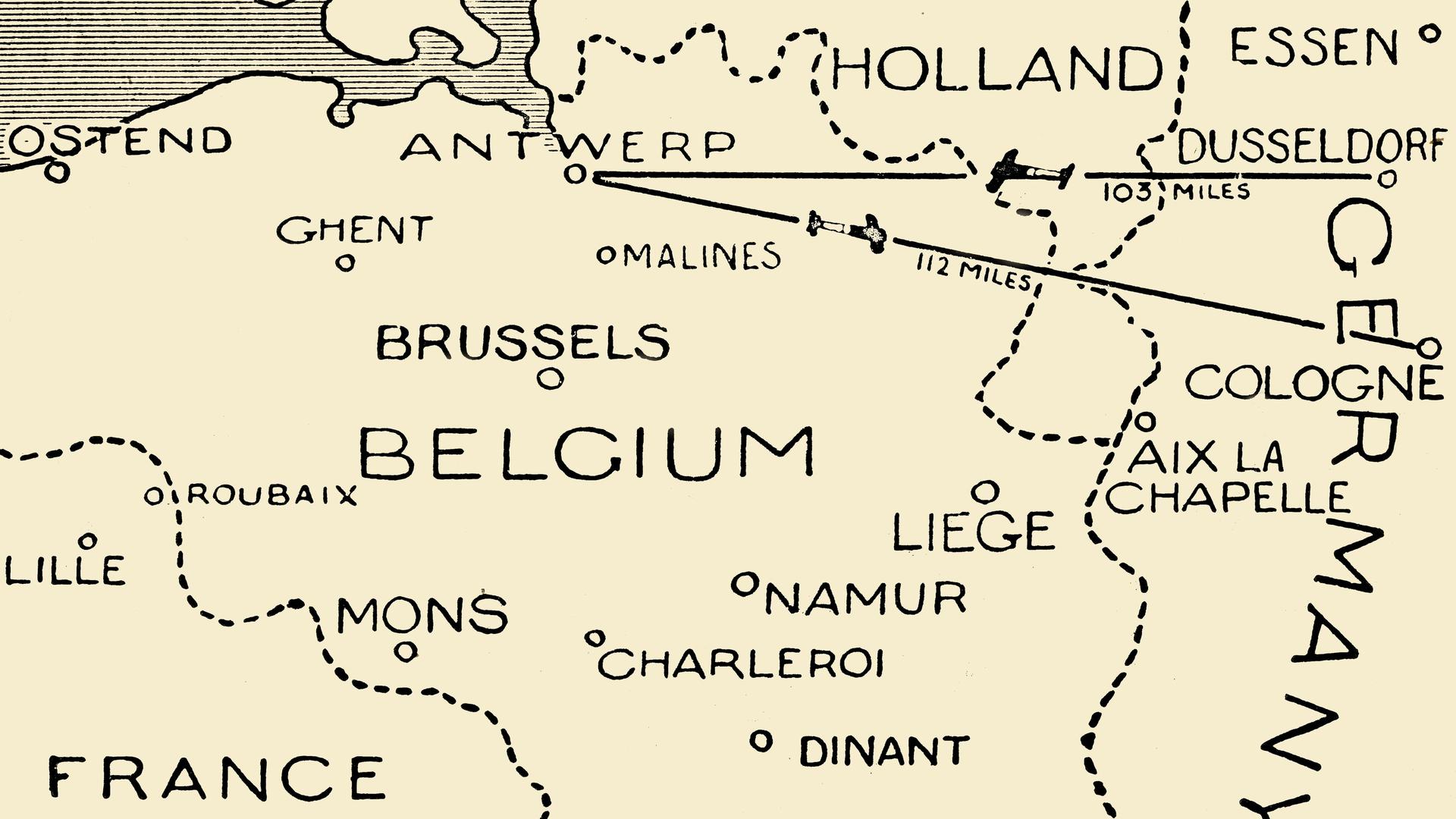 Ein Grafik aus "The War Illustrated Album" von 1915 zeigt die Routen der britischen Flieger, die 1914 Düsseldorf und Köln bombardierten.
