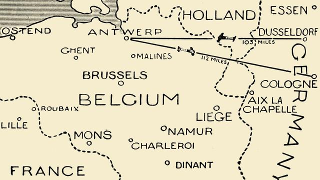 Ein Grafik aus "The War Illustrated Album" von 1915 zeigt die Routen der britischen Flieger, die 1914 Düsseldorf und Köln bombardierten.
