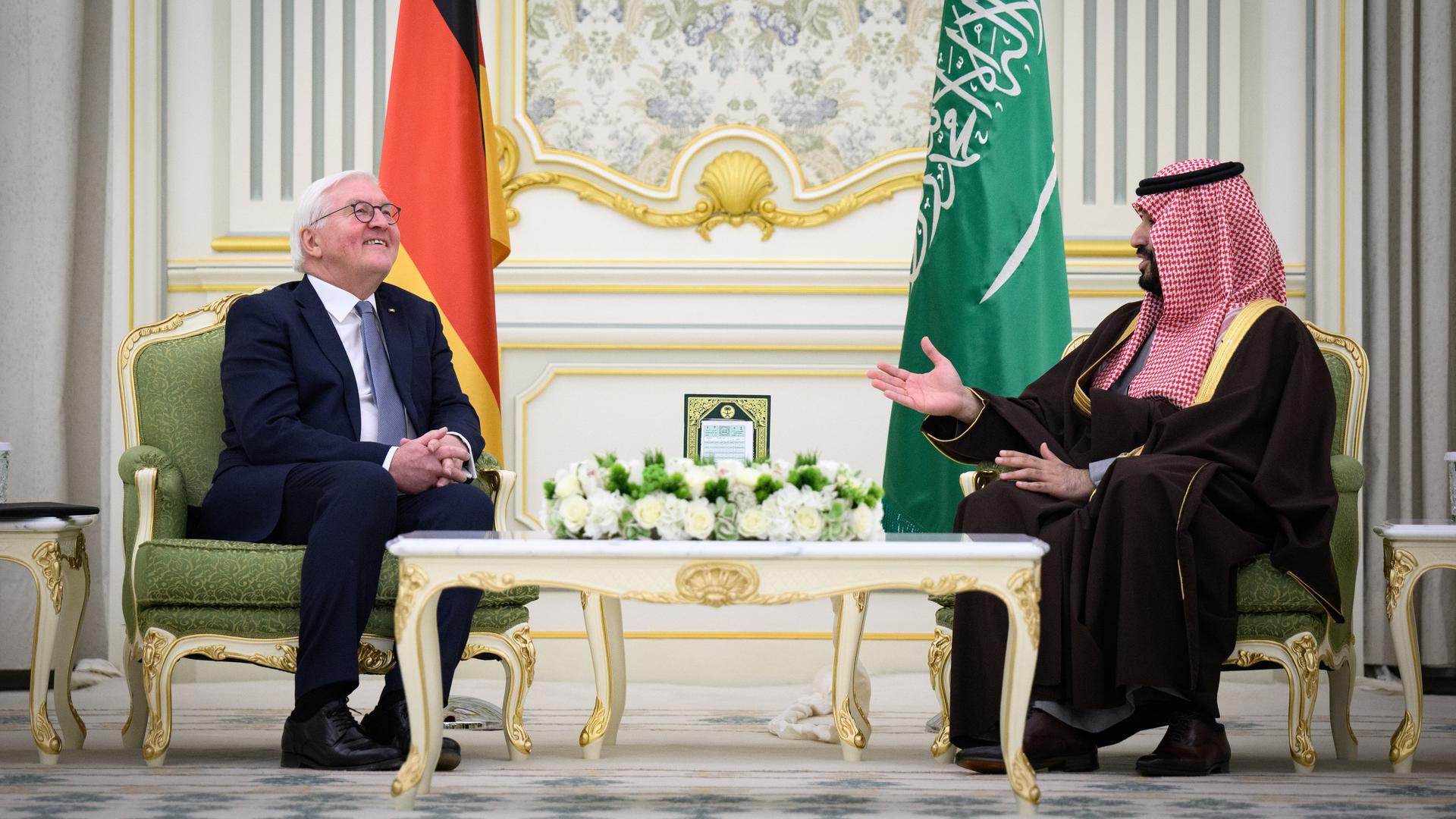 Bundespräsident Frank-Walter Steinmeier (l) und Mohammed bin Salman bin Abdelasis Al Saud, Kronprinz und Ministerpräsident von Saudi-Arabien, treffen sich zu einem Gespräch im Yamama-Palast in Riad. 