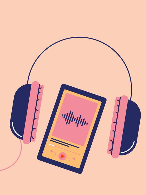 Illustration: Kopfhörer mit einem Display zwischen den Hörern, die ein Musikstreaming anzeigen.