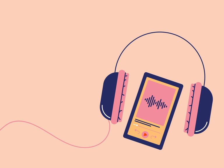 Illustration: Kopfhörer mit einem Display zwischen den Hörern, die ein Musikstreaming anzeigen.