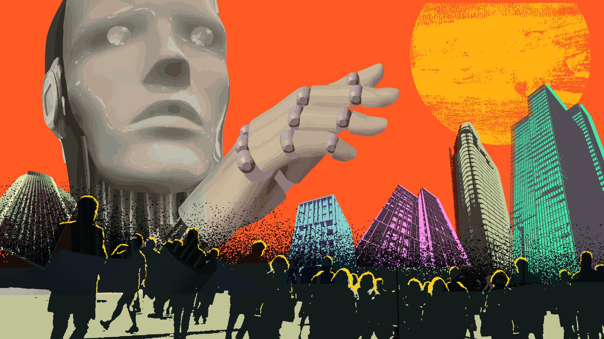 Collage aus einer Gruppe von Menschen, einer Stadtansicht und einer übergroßen technischen Figur, die alle zu beherrschen scheint. Collage aus einer Gruppe von Menschen, einer Stadtansicht und einer übergroßen technischen Figur, die alle zu beherrschen scheint.