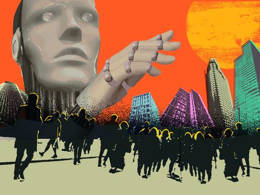 Collage aus einer Gruppe von Menschen, einer Stadtansicht und einer übergroßen technischen Figur, die alle zu beherrschen scheint. Collage aus einer Gruppe von Menschen, einer Stadtansicht und einer übergroßen technischen Figur, die alle zu beherrschen scheint.