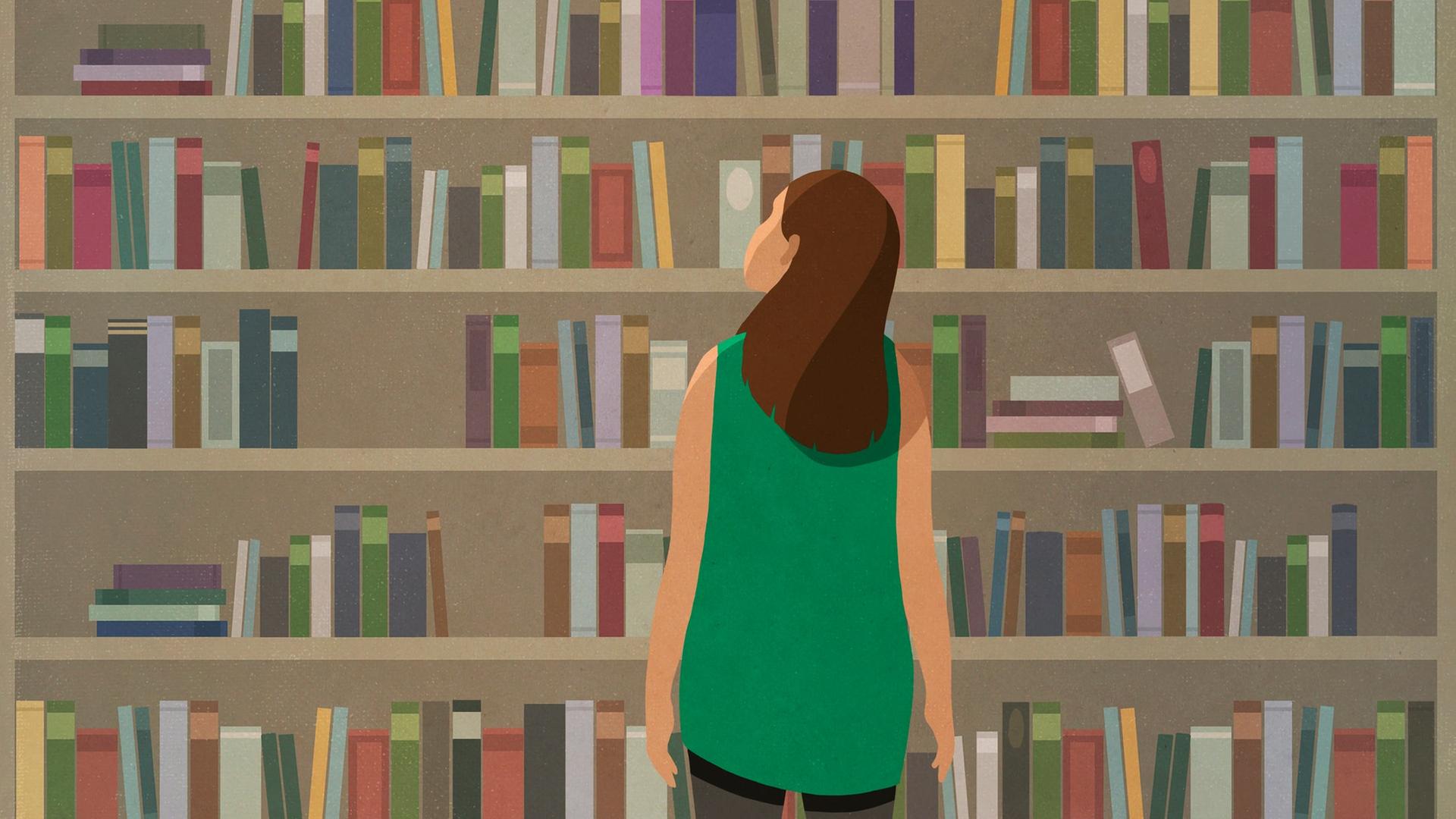 Illustration: Eine junge Frau steht vor einem gefüllten Bücherregal und schaut nach oben.