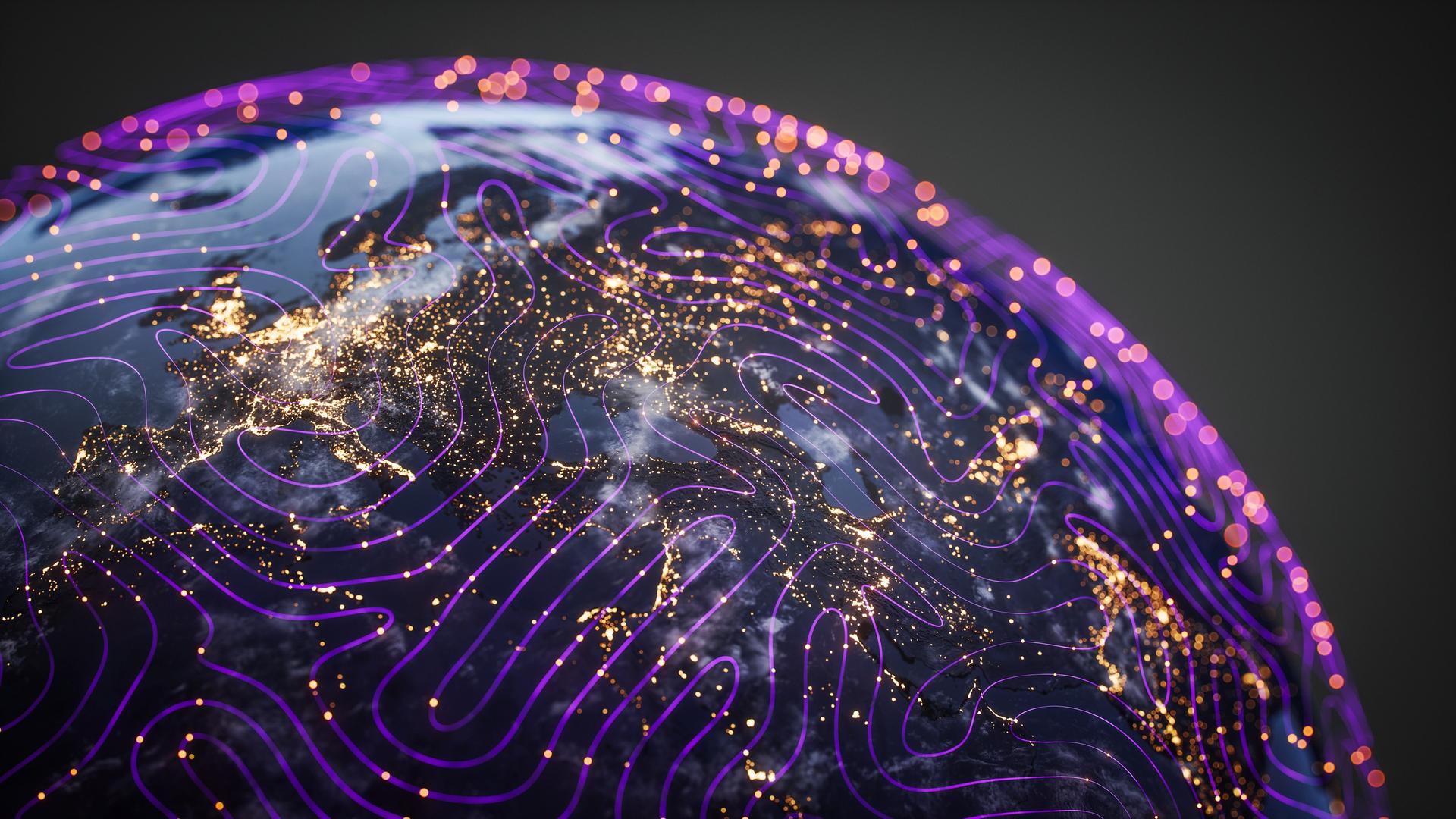 Digital gerenderte Illustration der Weltkugel, die von glühend violetten Bahnen überzogen ist, die Datenströme visualisieren.