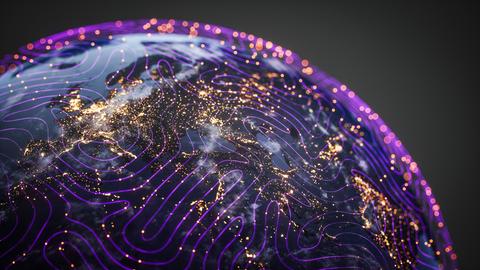 Digital gerenderte Illustration der Weltkugel, die von glühend violetten Bahnen überzogen ist, die Datenströme visualisieren.