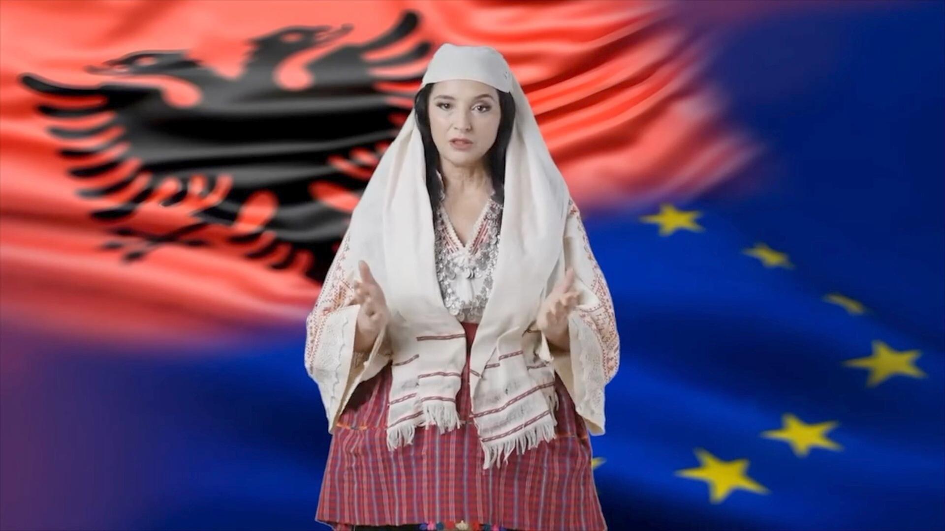 "Diella" ist eine KI-generierte Ministerin. Zu sehen ist eine junge Frau in traditioneller albanischer Tracht