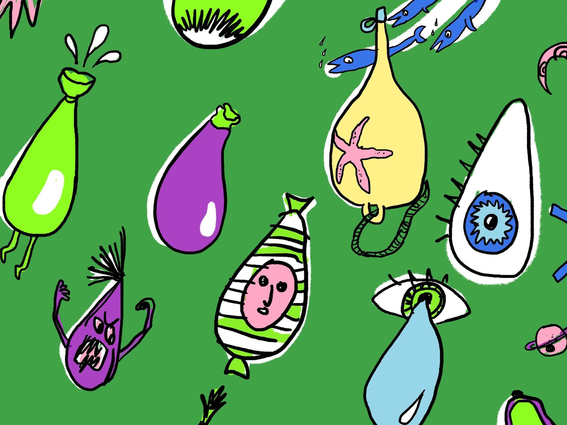 Illustration bunter doku drops vor grünem Hintergrund.