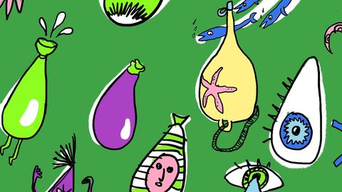 Illustration bunter doku drops vor grünem Hintergrund.