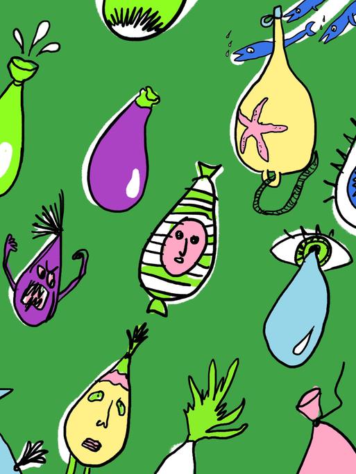 Illustration bunter doku drops vor grünem Hintergrund.