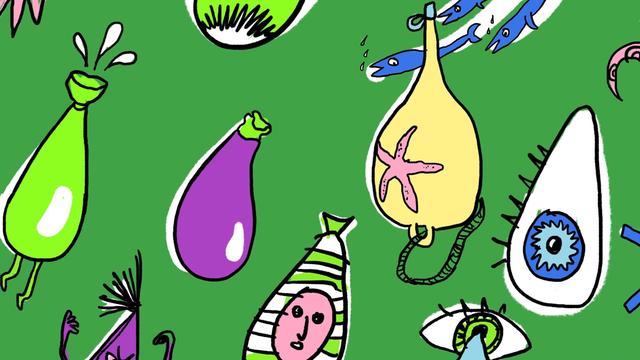 Illustration bunter doku drops vor grünem Hintergrund.