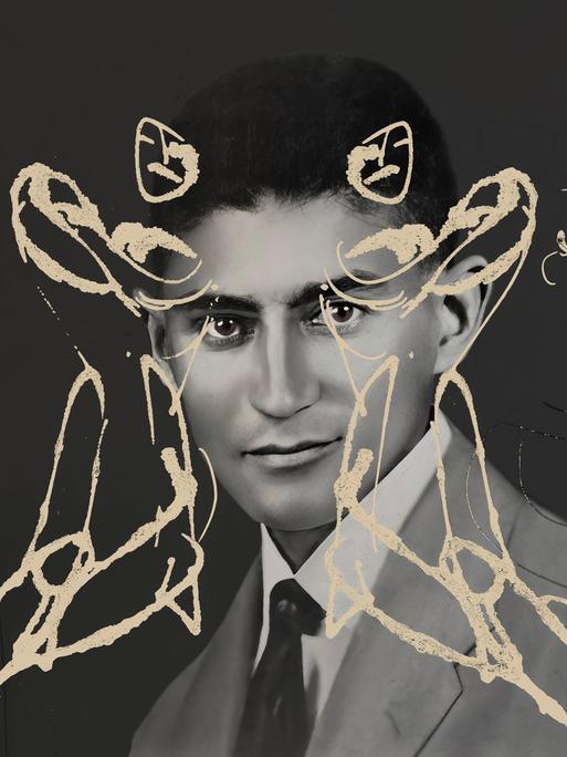 Collage, in dem ein Porträt von Franz Kafka überlagert wird von seinen eigenen abstrakten Kohlezeichnungen.