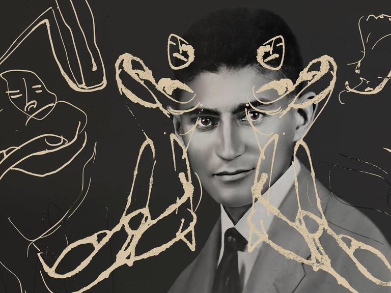 Collage, in dem ein Porträt von Franz Kafka überlagert wird von seinen eigenen abstrakten Kohlezeichnungen.