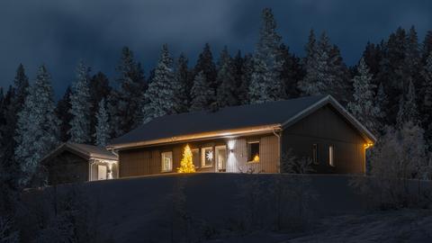 verschneites Haus bei Nacht, Gaellivare, Norrbotten, Lappland, Schweden, Dezember 2022