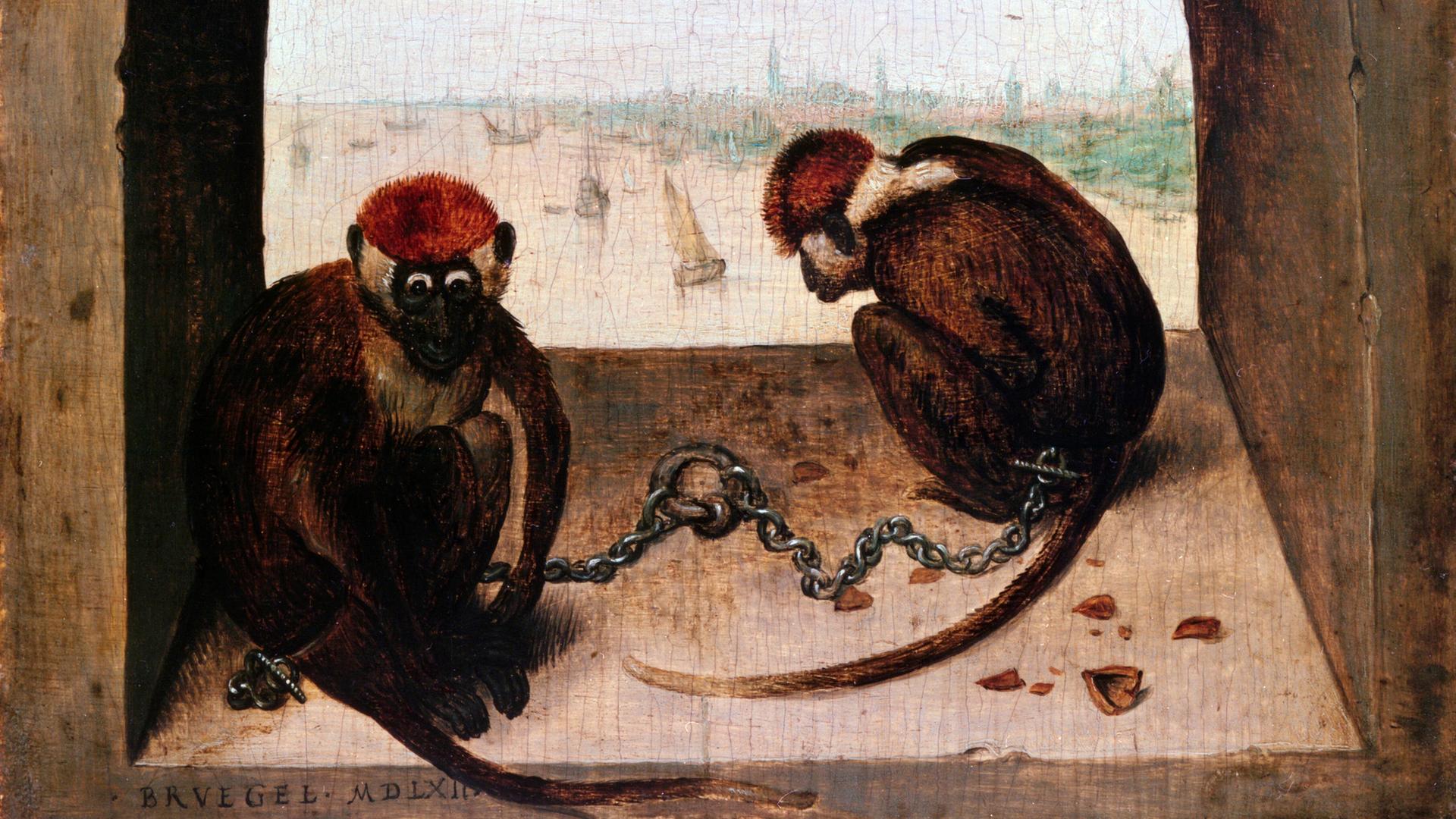 Die frühneuzeitliche Malerei zeigt zwei Affen in Ketten