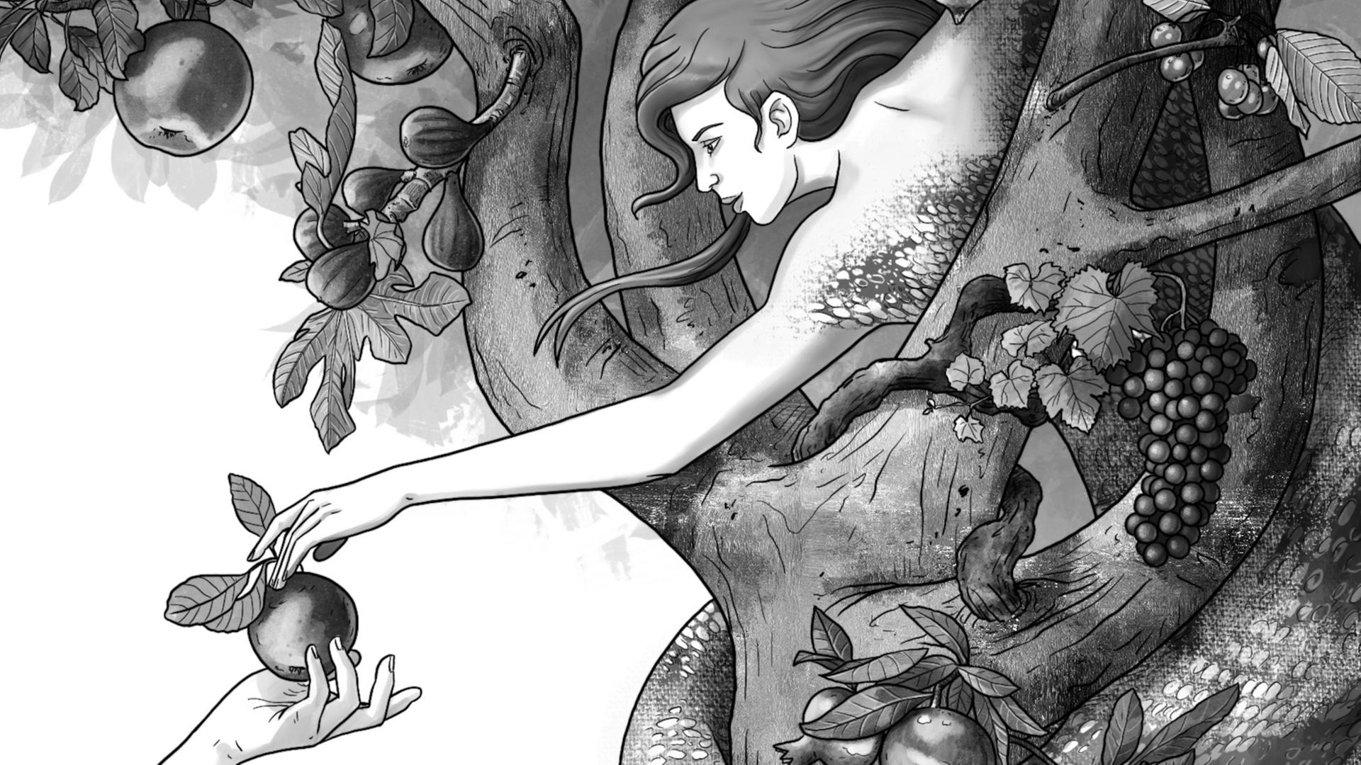 Illustration (Zeichnung): Eine Frauengestalt mit dem Unterleib einer Schlange greift aus einer Baumkrone nach einem Apfel, der ihr gereicht wird.