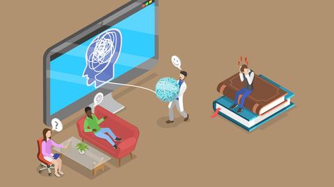 3D Isometrische flache Illustration von Psychotherapie-Praxis, Psychiater berät Patienten, 3D Isometrische flache Illustration von Psychotherapie 