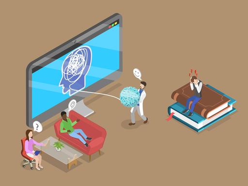 3D Isometrische flache Illustration von Psychotherapie-Praxis, Psychiater berät Patienten, 3D Isometrische flache Illustration von Psychotherapie 