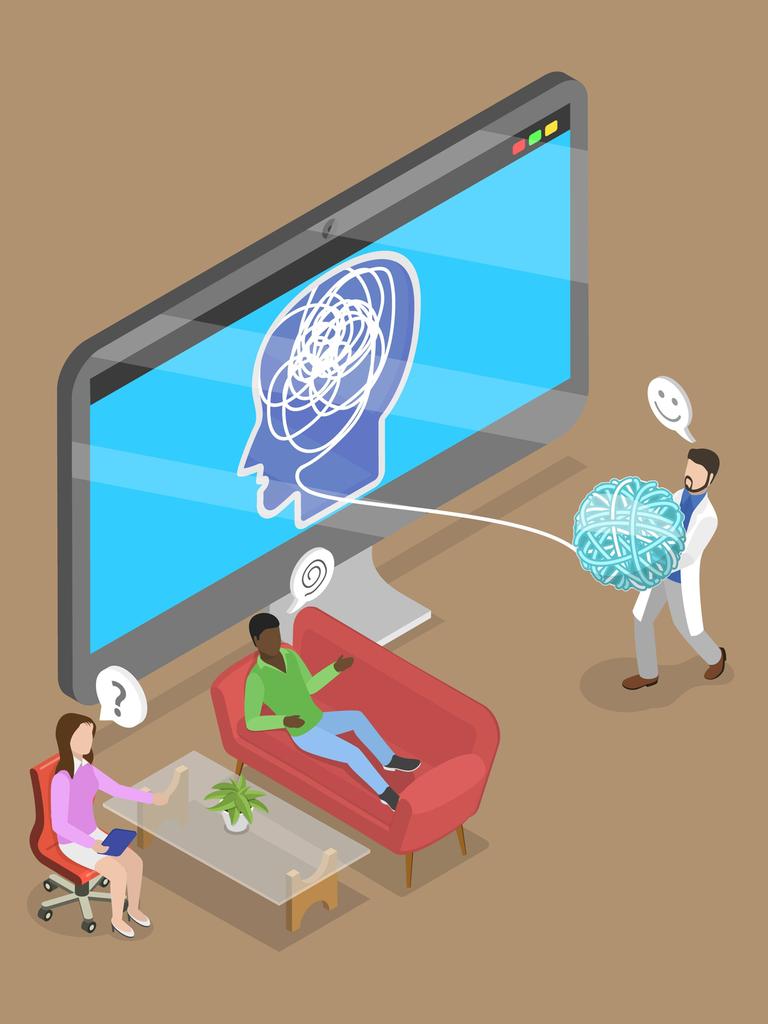 3D Isometrische flache Illustration von Psychotherapie-Praxis, Psychiater berät Patienten, 3D Isometrische flache Illustration von Psychotherapie 