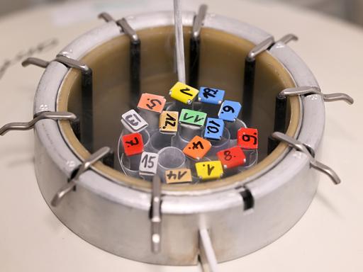 In einem Flüssigstickstofftank werden in beschrifteten Röhrchen Eizellen und Spermien gelagert. 