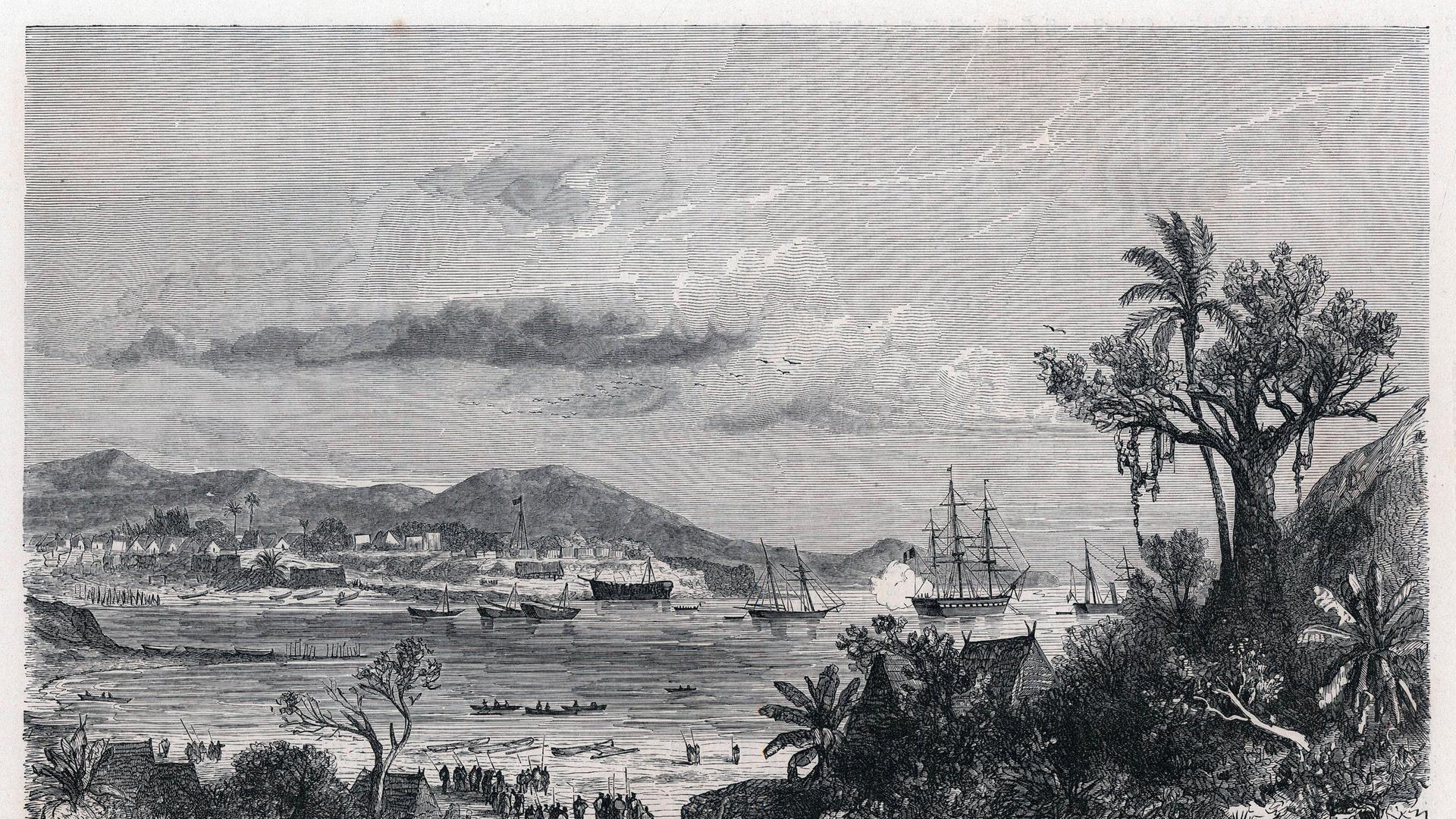 Nosy Be, eine Insel vor der Nordwestküste Madagaskars, gezeichnet von Évremond de Bérard  für ein Buch von 1861 über die Reisen von Ida Pfeiffer