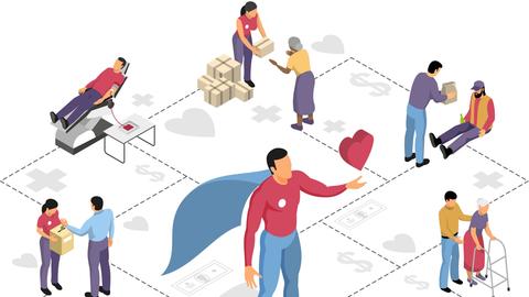 Illustration: Ein Superheld mit rotem Herz in der Hand.