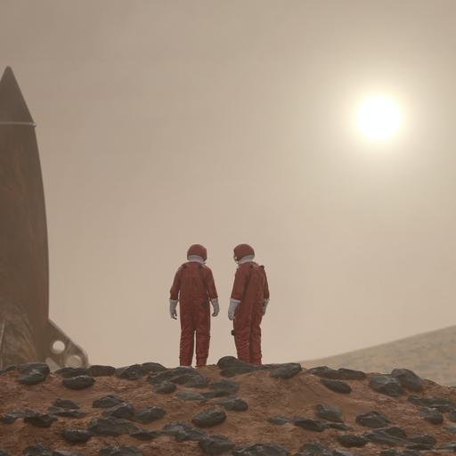 Zwei Personen in roten Ganzkörperanzügen auf rotem, steinigen Untergrund. Neben ihnen eine Rakete, aufrecht stehend. Am Horizont die Sonne.