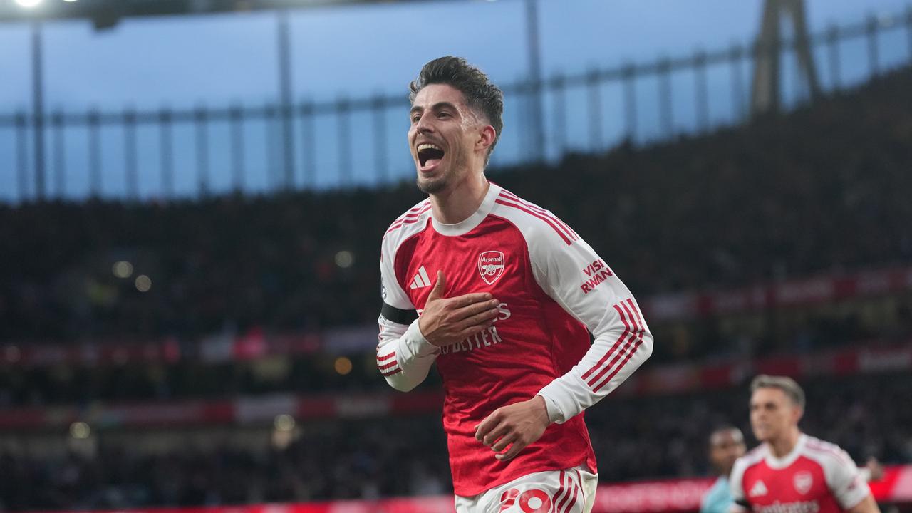Arsenals Kai Havertz jubelt nach einem Tor während eines Premier-League-Fußballspiels zwischen Arsenal und Burnley in London am Montag, dem 18. Mai 2026.