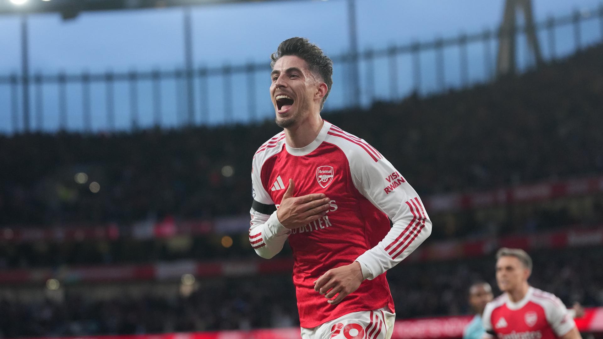 Arsenals Kai Havertz jubelt nach einem Tor während eines Premier-League-Fußballspiels zwischen Arsenal und Burnley in London am Montag, dem 18. Mai 2026.