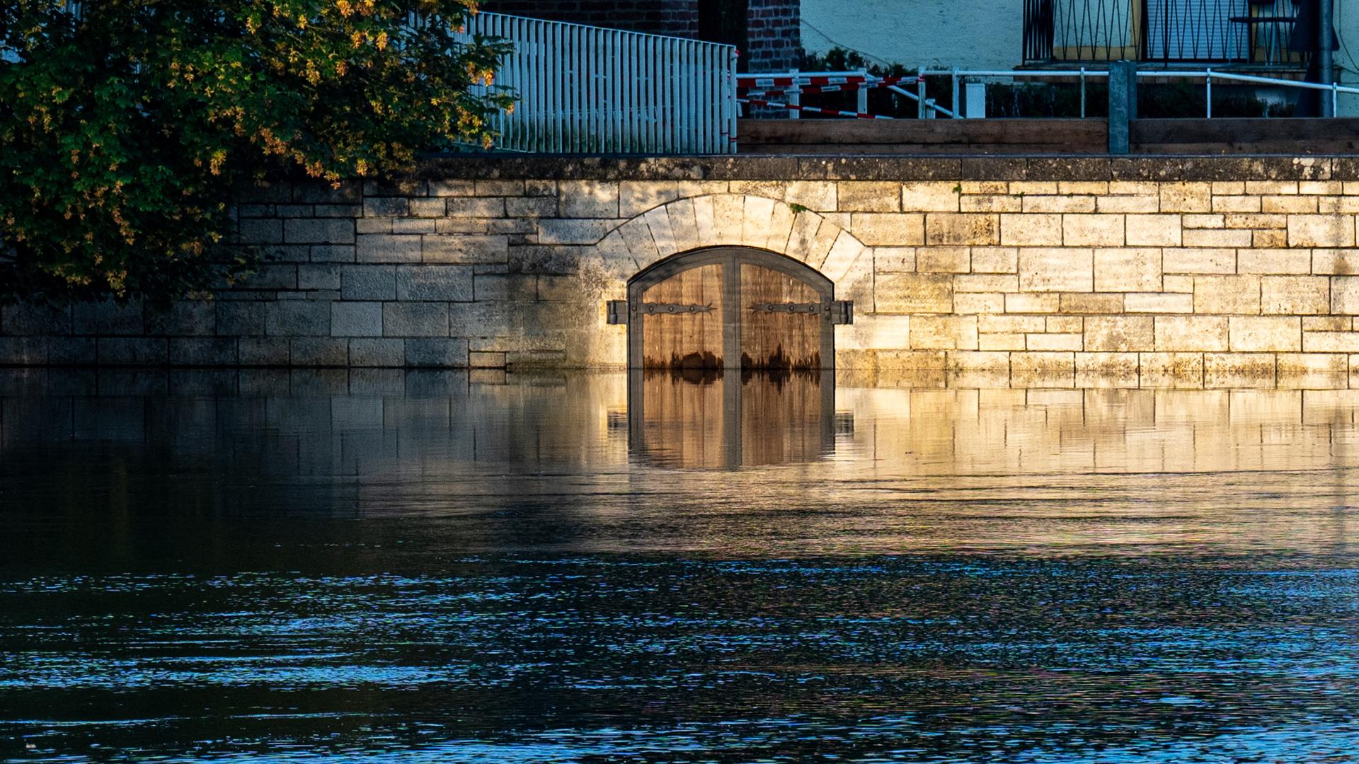 Ein Tor ist vom Hochwasser der Donau umgeben.  