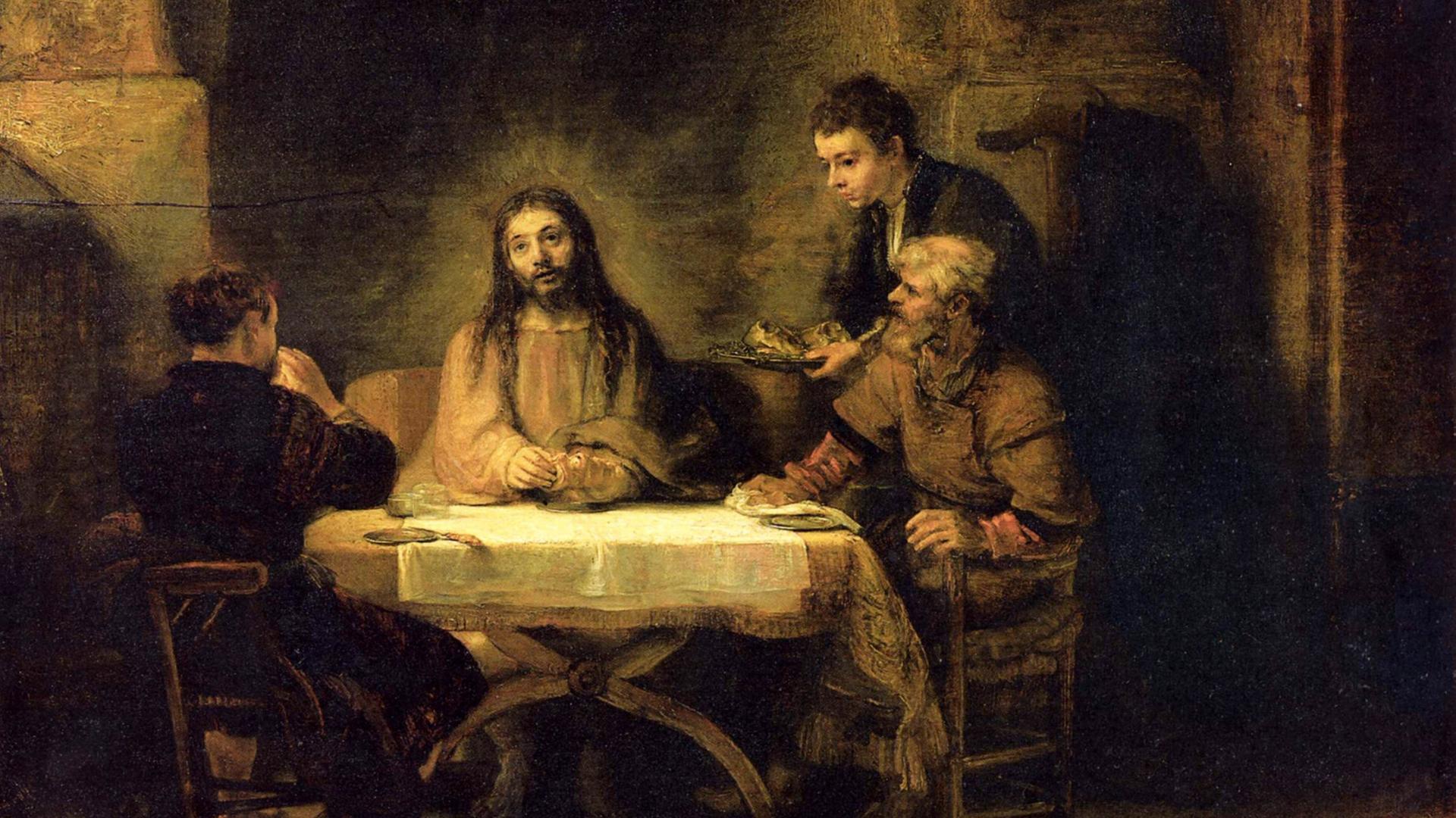 Das Gemälde „Das Abendmahl in Emmaus“ zeigt Jesus Christus beim Abendmahl in Emmaus, der gemeinsam mit Pilgern an einem Tisch sitzt.