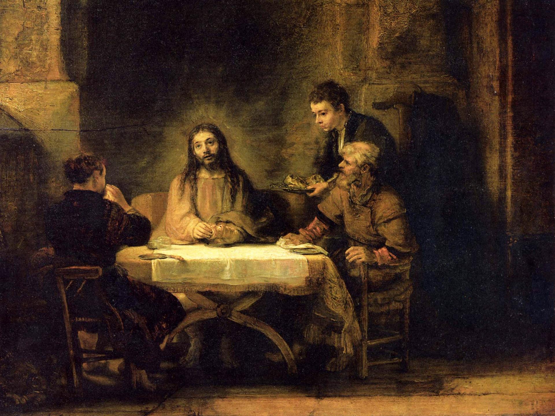 Das Gemälde „Das Abendmahl in Emmaus“ zeigt Jesus Christus beim Abendmahl in Emmaus, der gemeinsam mit Pilgern an einem Tisch sitzt.