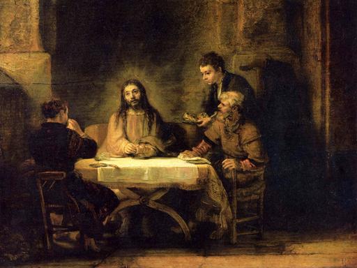 Das Gemälde „Das Abendmahl in Emmaus“ zeigt Jesus Christus beim Abendmahl in Emmaus, der gemeinsam mit Pilgern an einem Tisch sitzt.