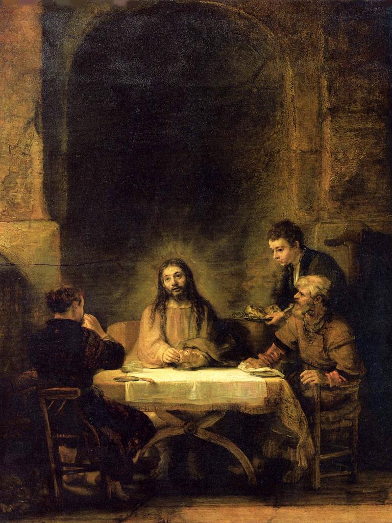 Das Gemälde „Das Abendmahl in Emmaus“ zeigt Jesus Christus beim Abendmahl in Emmaus, der gemeinsam mit Pilgern an einem Tisch sitzt.
