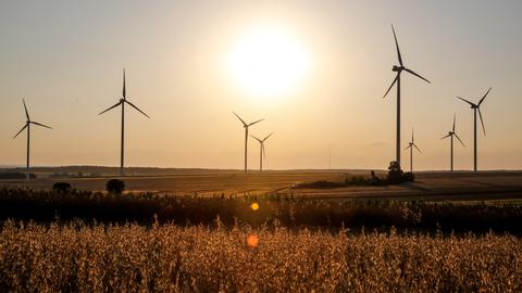 Windkraftanlagen stehen auf einem Feld. 