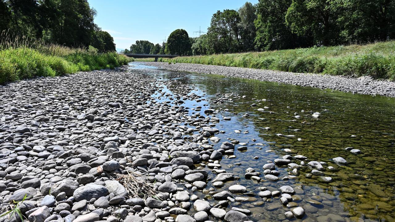 Nur noch ein Rinnsal ist die Dreisam in der March nahe Freiburg im Juli 2026.
