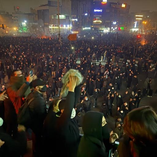 Auf dem Bild sind zahlreiche Menschen zu sehen, die nachts in einer Straße in Teheran demonstrieren. Einige halten Transparente hoch. 