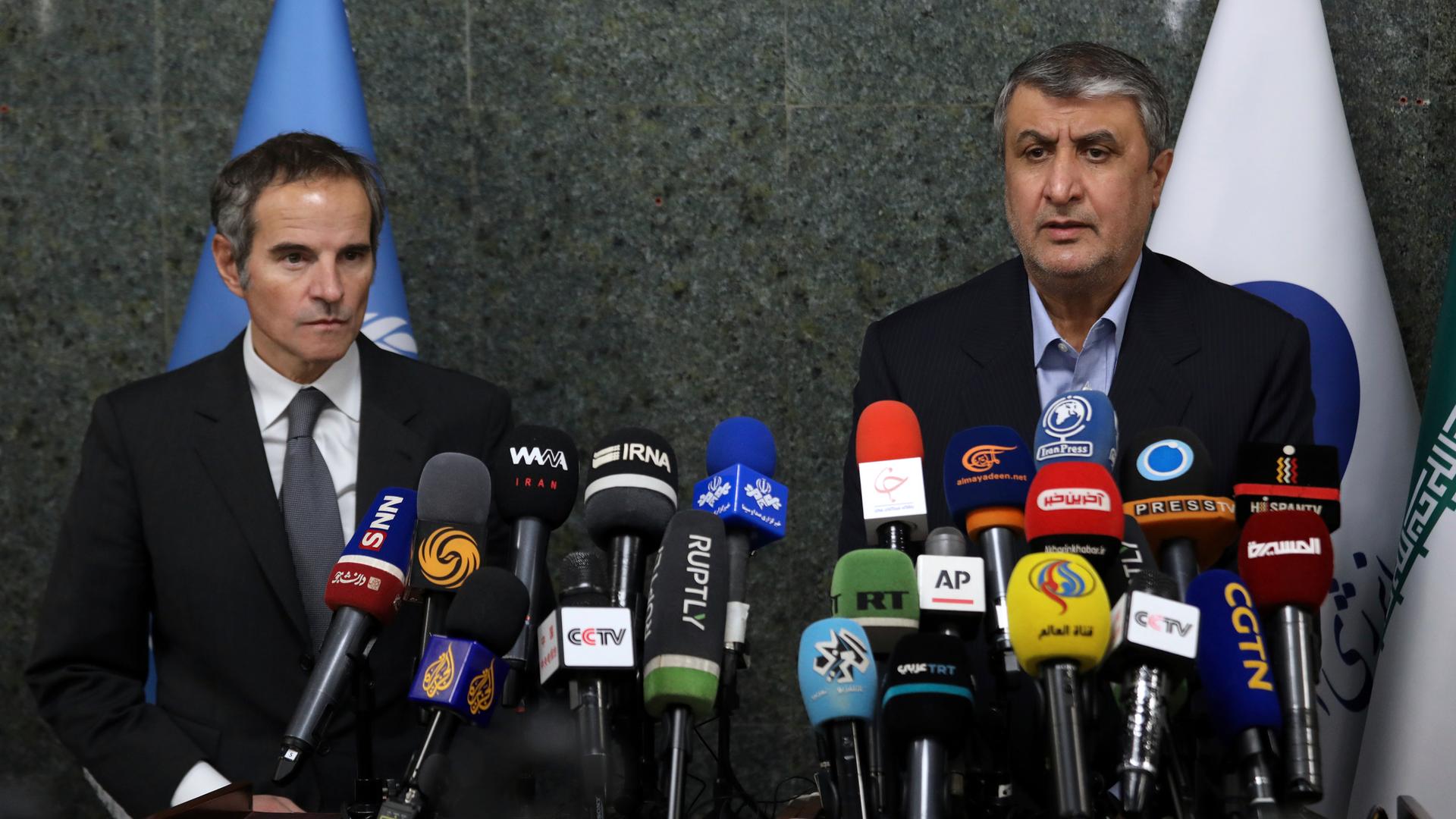 Mohammad Eslami und Rafael Mariano Grossi stehen bei einer gemeinsamen Pressekonferenz vor Mikrofonen.