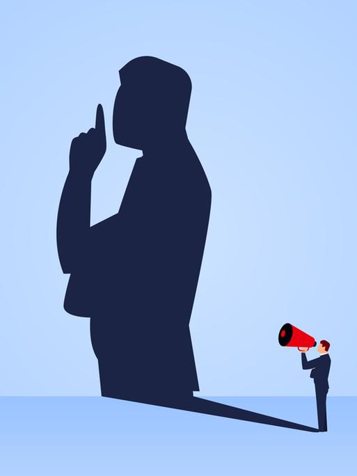 Eine Illustration zeigt ein kleines Männchen mit einem Lautsprecher, der einen riesigen Schatten wirft. Dieser widerum hält sich den Finger als Geste des Schweigens vor den Mund.