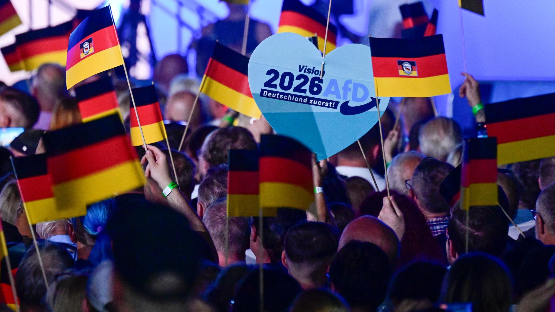 Anhänger der Partei „Alternative für Deutschland“ (AfD) schwenken deutsche Flaggen während einer Wahlkampfveranstaltung im Vorfeld der Landtagswahlen in Sachsen-Anhalt am 18. Juli 2026 in Magdeburg.