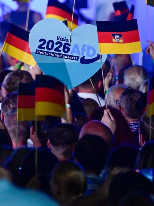 Anhänger der Partei „Alternative für Deutschland“ (AfD) schwenken deutsche Flaggen während einer Wahlkampfveranstaltung im Vorfeld der Landtagswahlen in Sachsen-Anhalt am 18. Juli 2026 in Magdeburg. Anhänger der Partei „Alternative für Deutschland“ (AfD) schwenken deutsche Flaggen während einer Wahlkampfveranstaltung im Vorfeld der Landtagswahlen in Sachsen-Anhalt am 18. Juli 2026 in Magdeburg.