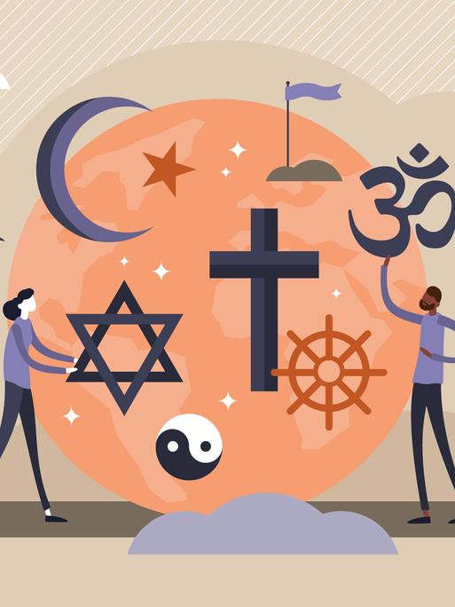 Eine Illustration zeigt die Symbole verschiedener Religionen und zwei stilisierte Personen.