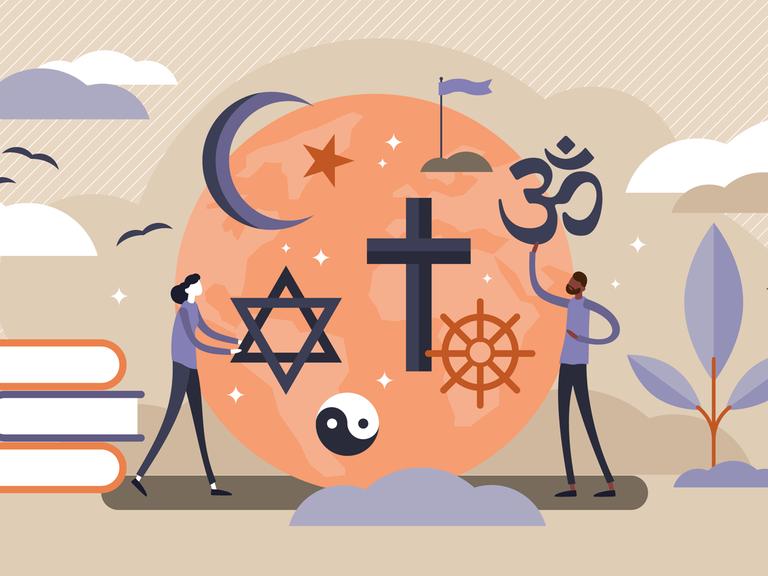 Eine Illustration zeigt die Symbole verschiedener Religionen und zwei stilisierte Personen.