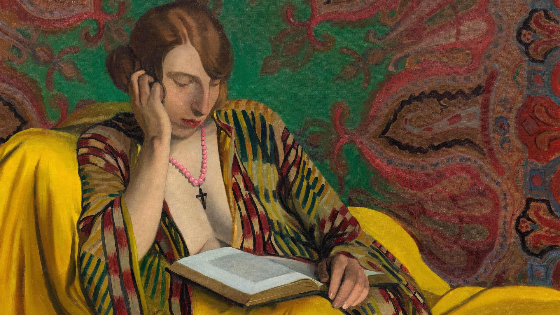 Auf dem Gemälde "La Liseuse" von Félix Edouard Vallotton ist eine lesende Frau im Salon zu sehen. 